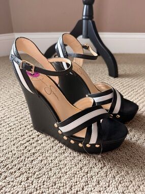 Jessica Simpson Tellira Black and White Leather Platform Strap Wedge Sandals
